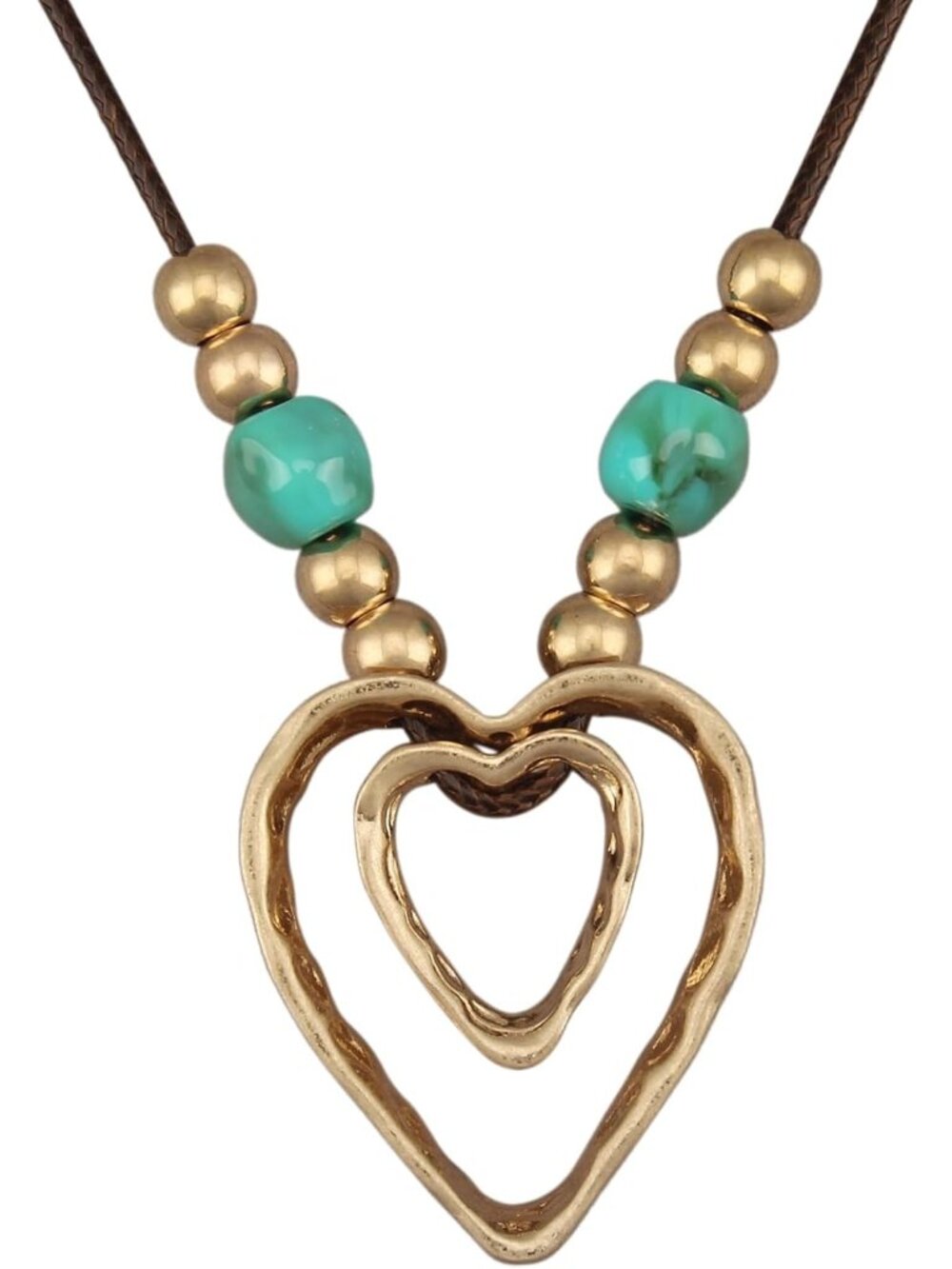 Women's Boho Turquoise Bead Heart Pendant Necklace Gold Double Loop Choker